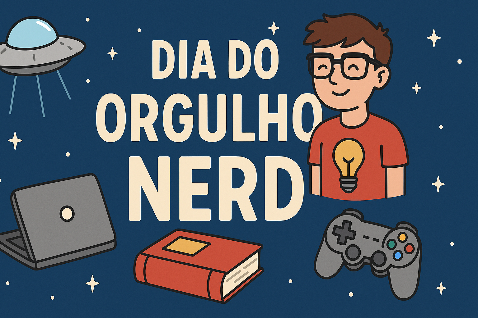 Ilustração representativa do Dia do Orgulho Nerd com elementos de cultura geek